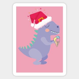 Christmas dinosaur with ice cream and hat Sticker